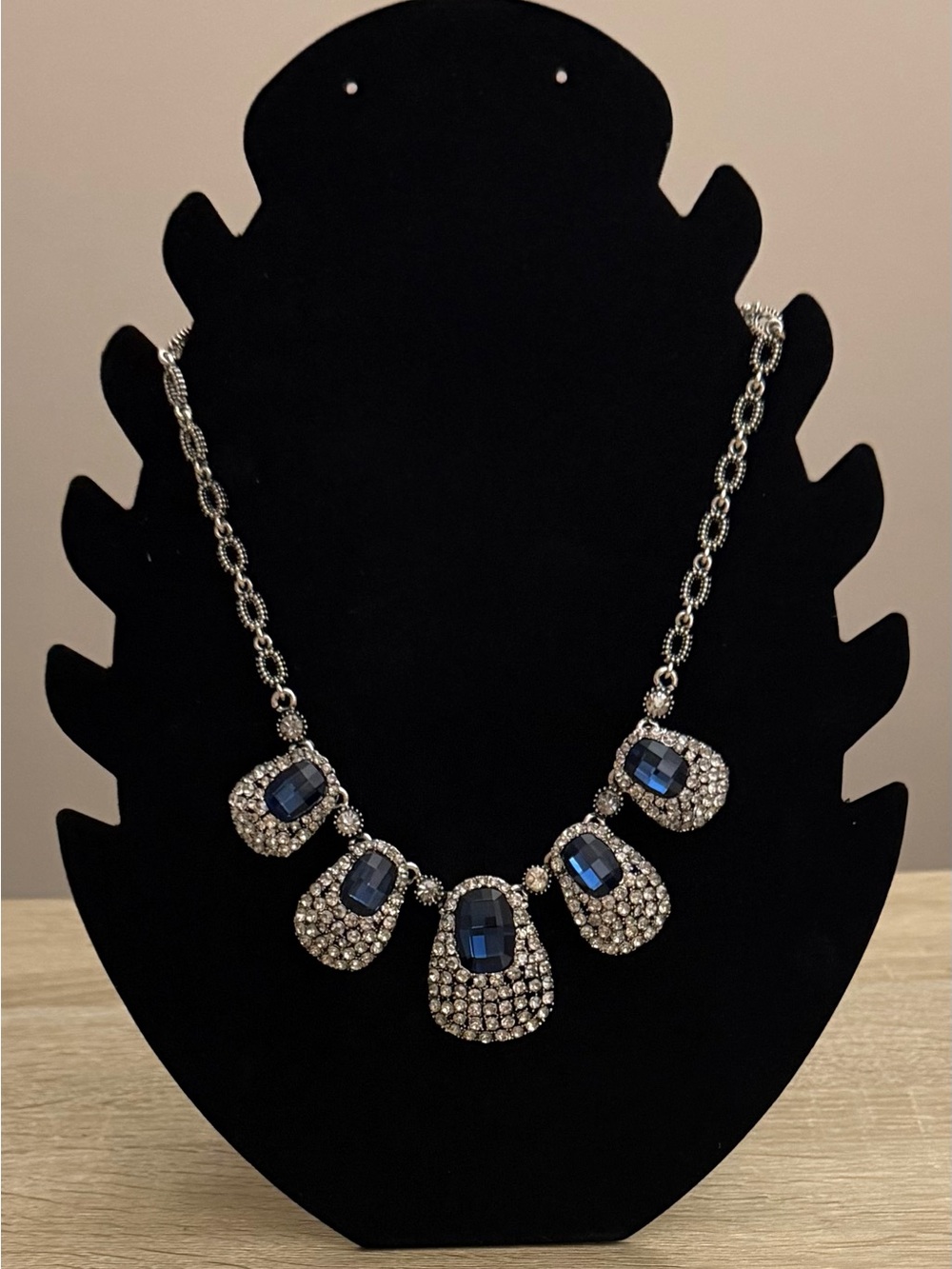 Silver & Navy Blue Rhinestone Statement Necklace